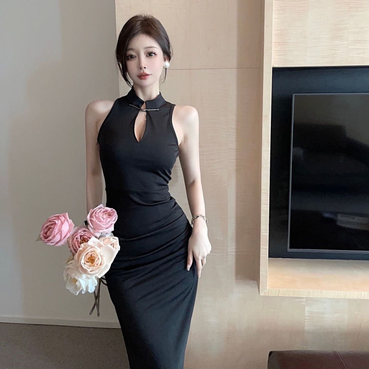 国风改良御姐晚礼服镂空长裙性感黑色复古女夏开叉中式旗袍连衣裙