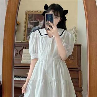 新款 森系少女中长裙 甜美短袖 可爱裙子学院风高腰高腰海军领短袖