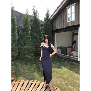 小个子一字肩漂亮掐腰包臀长裙 法式 小飞袖 连衣裙子女夏季 2025新款