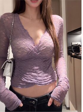 MR【原版蕾丝】低V领蕾丝长袖T恤女夏季纯欲性感紫色修身微透上衣