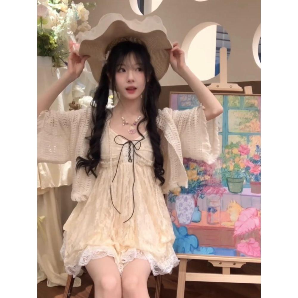 POSHOP 春日告白 春秋度假早秋蕾丝花苞连衣裙显瘦夏季披肩两件套