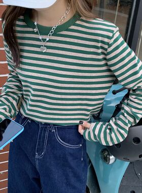 3303官图260克彩棉条纹长袖T恤女2026年新款内搭打底衫春秋