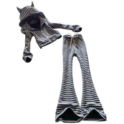 休闲运动条纹时尚套装女春秋搭配一整套耳朵连帽上衣微喇裤两件套