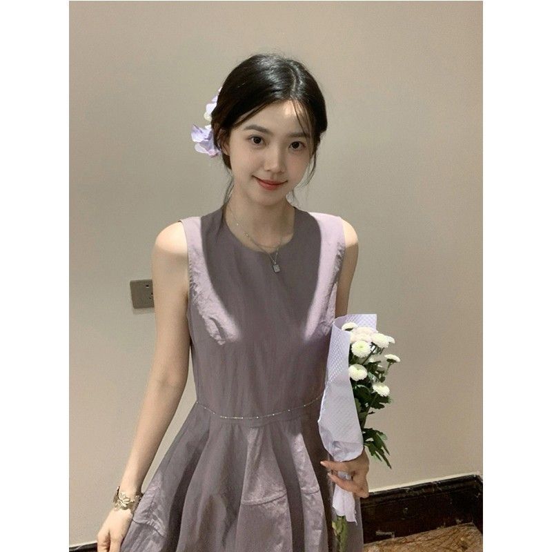紫色无袖背心连衣裙女2025新款今年流行小个夏季穿搭长裙