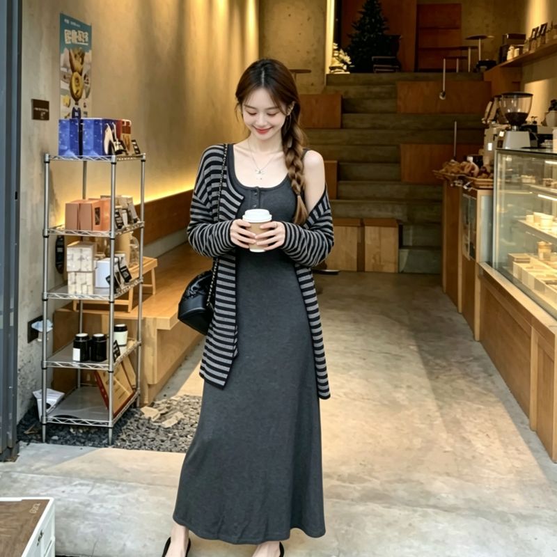 薄款辣妹性感夏季黑灰色条纹开衫遮肉显瘦长袖短外套潮两件套图片