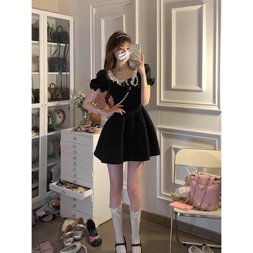 【蝴蝶结+拉链+肩垫】法式高级小黑裙女夏季方领蝴蝶结泡泡袖连衣