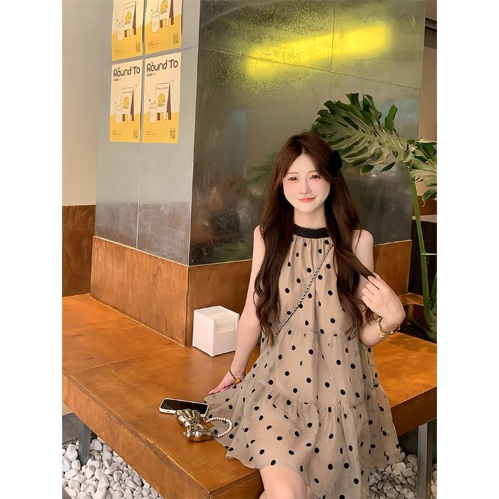 洋气波点撞色蝴蝶结挂脖连衣裙女春季2025新款小个子宽松显瘦短裙