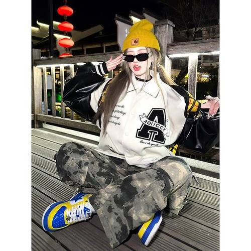 美式高街棒球服外套女冬加棉季新款刺绣情侣立领夹克复古宽松上衣