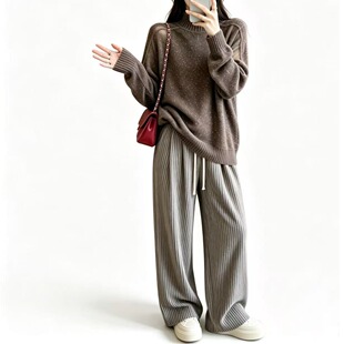 美式复古竖条纹休闲裤子男女款oversize慵懒垂感宽松直筒阔腿裤潮