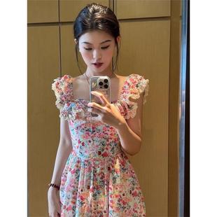 海边度假气质连衣裙夏季 碎花仙女长裙收腰显瘦 法式 温柔别致小飞袖