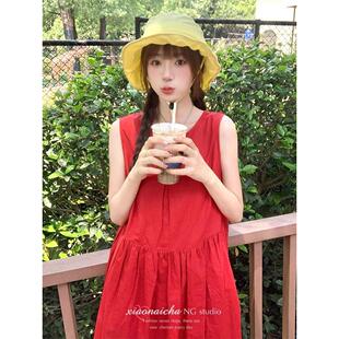 法式复古红色无袖系带背心连衣裙女夏季新款小个子收腰显瘦中长裙