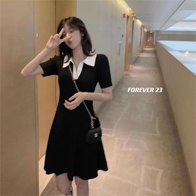 polo领连衣裙子赫本风小黑裙收腰又甜又辣小个子桔梗法式夏季女装