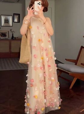 度假风气质感无袖拼接超仙长裙2025春夏新款网纱裙立体花朵连衣裙