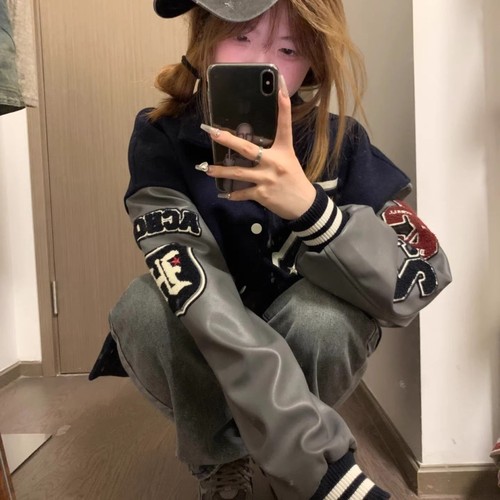 美式复古重工刺绣立领棒球服外套女冬新款宽松加棉加厚夹克上衣