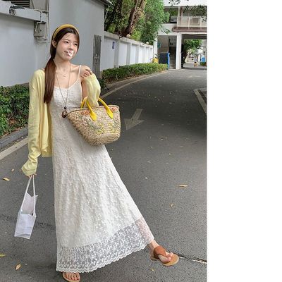 2025新款绝美蕾丝钩花吊带连衣裙女气质高级感收腰显瘦a字长裙夏