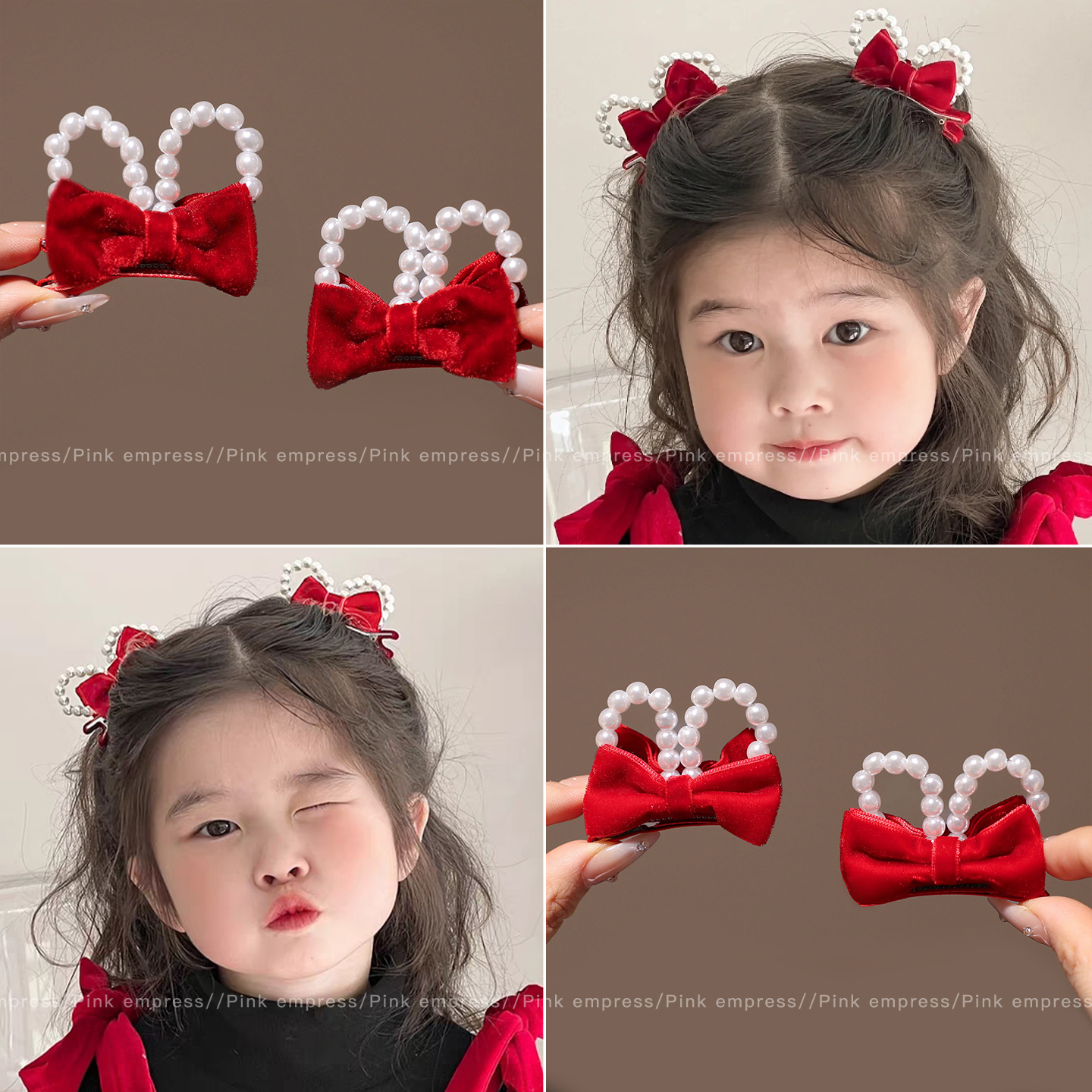 可爱红色兔耳发夹女儿童新年喜庆蝴蝶结对夹头饰女孩侧边顶夹发卡