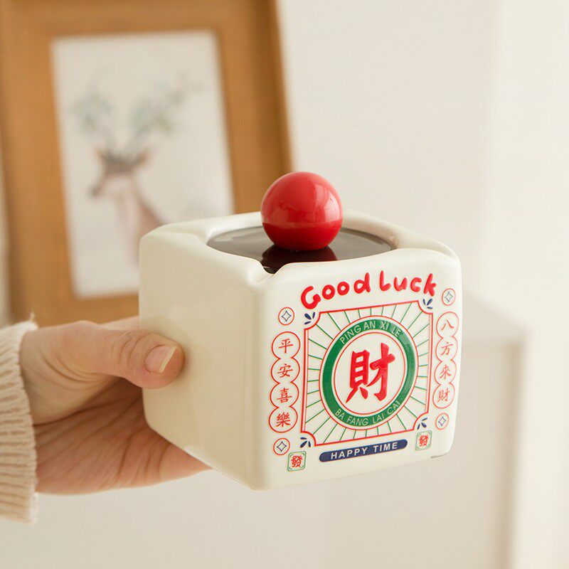发财烟灰缸家用陶瓷带盖防飞灰客厅茶几烟皿高级感发财装饰小摆件