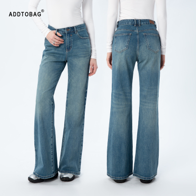 重磅复古水洗做旧直筒微喇牛仔裤