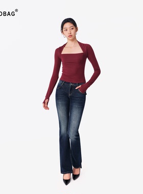 ADDTOBAG 【显贵密码】修身翘臀低腰微喇叭深色复古时髦牛仔裤女