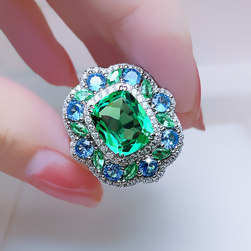 欧美仿真复古彩宝吊坠项链彩宝耳环套装首饰祖母绿女耳钉锆石戒指