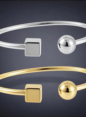 不锈钢学院风光面圆球正方形手镯女生ins小众设计感简约欧美潮