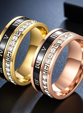 欧美不锈钢戒指罗马数字满天星转动钛钢时尚简约高级感指环设计