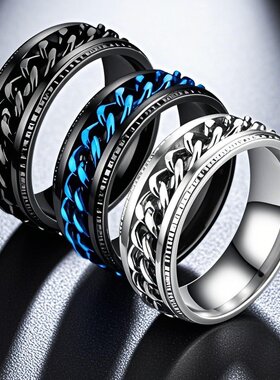 不锈钢戒指不掉色ins饰品男潮转动旋转男士减压钛钢指环小众素圈