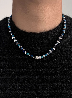 蓝色串珠拼接项链男高级感百搭嘻哈配饰女潮时尚新款简约小众饰品