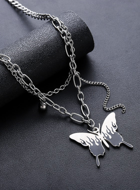 蝴蝶双层项链钛钢嘻哈小众潮流设计简约时尚百搭男女饰品