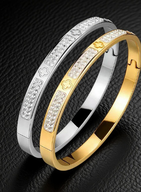 不锈钢四叶草镶双排钻女款手镯钛钢欧美时尚不掉色精美饰品