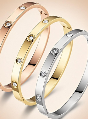 欧美热卖卡扣十钻钛钢女士手镯满钻高级简约不锈钢时尚饰品潮流款
