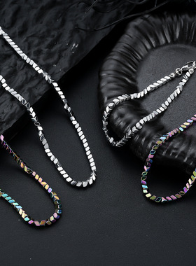 方块彩石项链男不掉色时尚潮流黑胆石手链女个性设计百搭饰品