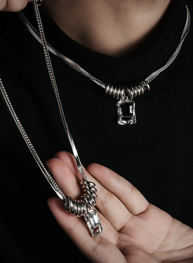 钛钢套圈皓石双层项链男酷帅街拍嘻哈双层小众圆圈流苏毛衣链女潮