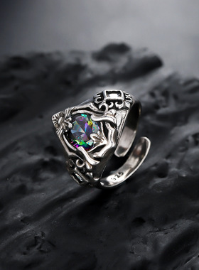 《十字花》戒指男开口可调节不掉色复古设计五彩石指环女潮流饰品