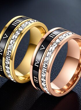 新款小众不锈钢戒指罗马数字满天星转动简约钛钢手饰设计感强