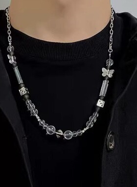 项链男潮水晶蝴蝶钛钢骰子高级感欧美设计感潮牌饰品