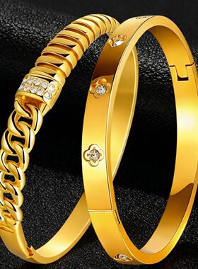 钛钢手镯真空电镀镶钻不锈钢时尚气质款手饰现货铸造工艺精美