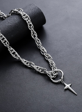 十字星耳圈吊坠麻花项链钛钢不掉色情侣款朋克嘻哈女毛衣链冷淡风