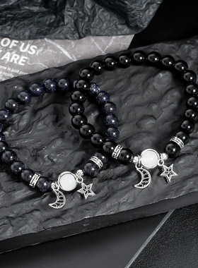 黑曜石手串男简约时尚潮流星月蓝砂石串珠手链女高级百搭饰品