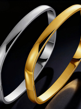 欧美简约光面卡扣手镯8mm宽无LOGO情侣不锈钢手环冷淡风设