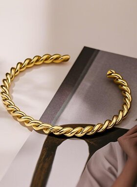 欧美个性潮流ins风螺旋麻花手环不锈钢网红新款镀金夸张手镯