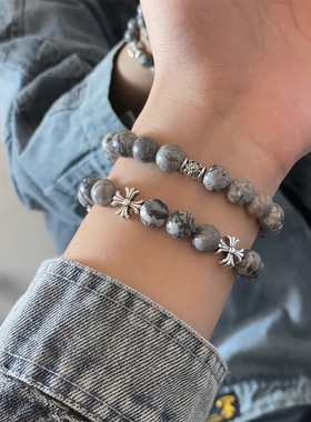 手链男天然石十字花手串百搭复古高级感嘻哈街头情侣配饰时尚饰品