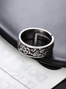 做旧蔷薇戒指复古时尚情侣开口可调节对戒不掉色高级百搭饰品潮流