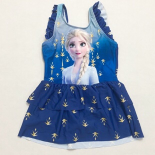 儿童连体泳衣女童裙式 渐变蓝荷叶边速干防晒游泳衣爱莎公主泳装