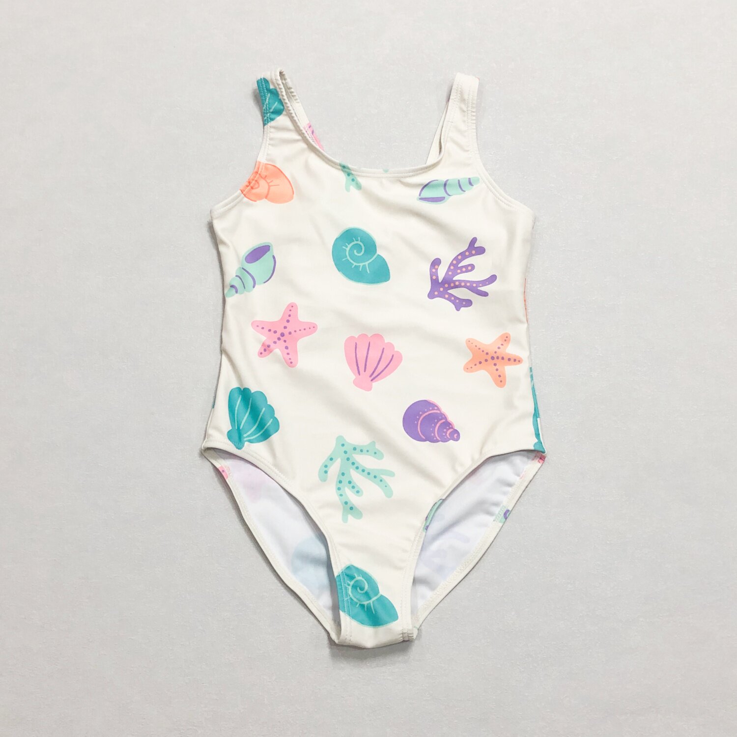 666外单 女童连体泳衣贝壳海星印花儿童海边温泉度假中小童泳装