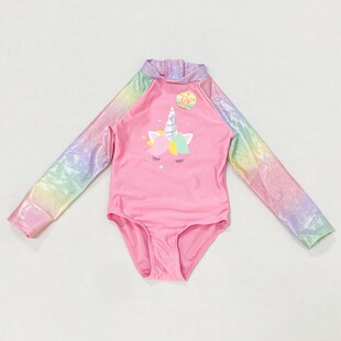 连体防晒泳衣度假游泳温泉中大童 粉驹三角长袖 666外单 女童彩袖