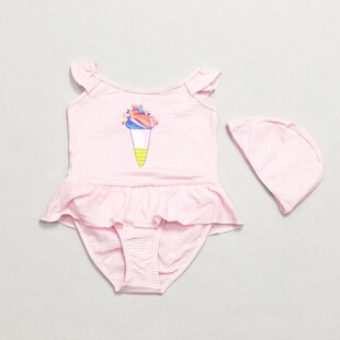 666外单 儿童连体泳衣女童粉条纹荷叶边冰淇淋印花胖宝温泉游泳衣