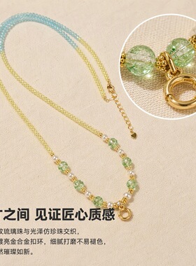 小清新锁骨链珍珠项链唐卡佛牌宋锦挂坠链渐变挂件绳轻奢简约项链