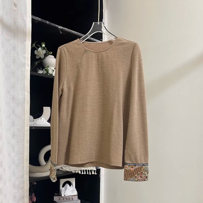 小雪家【暖棕柔雾】新中式圆领绵羊毛混纺内搭刺绣打底长袖上衣
