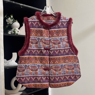 民族风真丝蜀锦羊驼绒水貂毛上衣马甲 新中式 小雪家 民族风小象